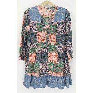Umgee Floral Patchwork Boho Tunic Top S Tiered Peasant Mixed Print Cotton BOHO
